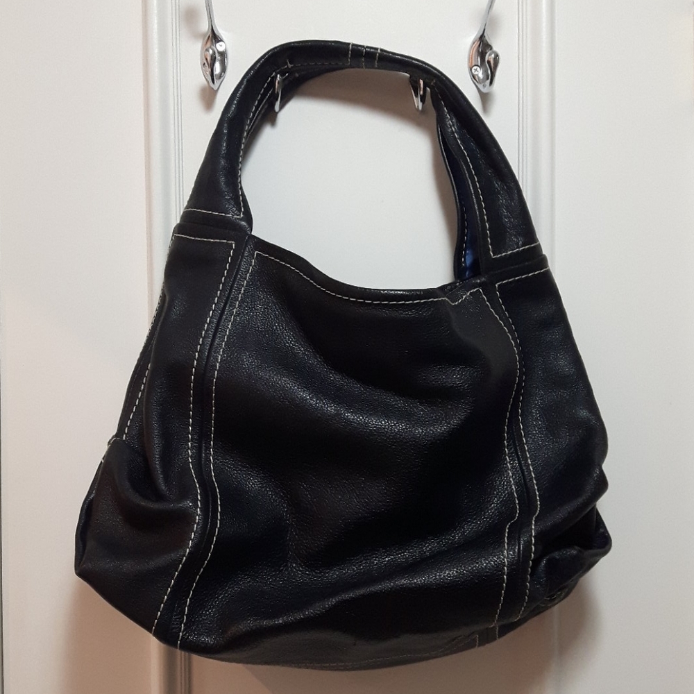 Genuine leather handbag with white threading